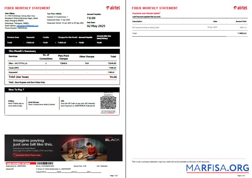 Realistic India Airtel utility bill template in Word and PDF formats, 2 pages, version 4